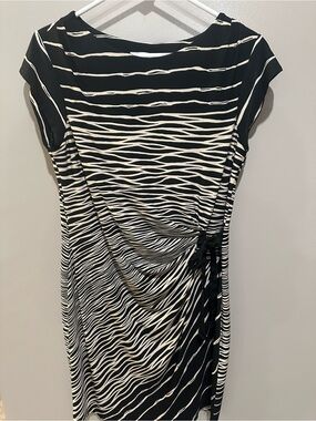 dressbarn Black and Cream Wave-Print Midi Dress with Side Tie